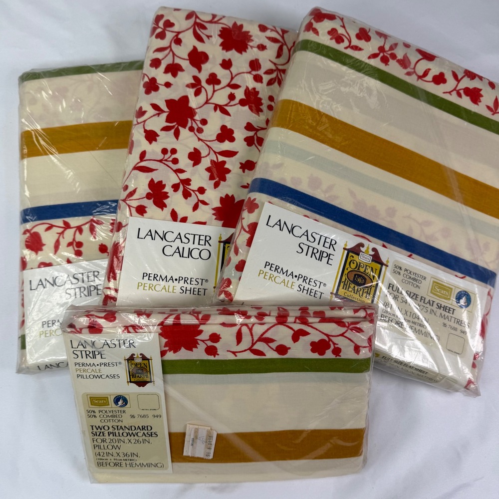 NOS Vtg 70s Sears Open Hearth Lancaster Stripe & Calico Full Flat Sheet Lot 4pc